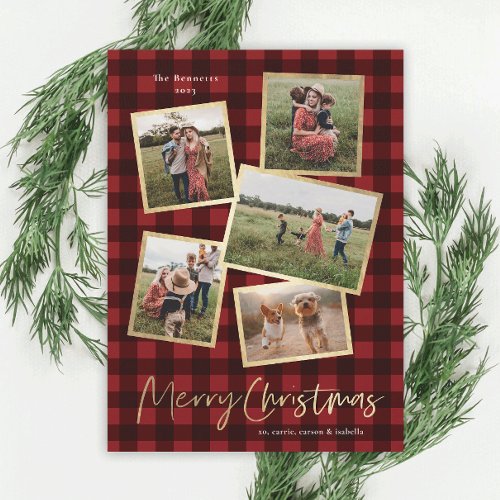 Modern Photo Collage Gold Merry Christmas  Holiday Card