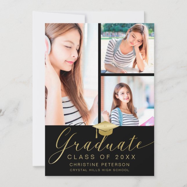 Modern Photo Collage Gold Script Black Graduation Announcement (Front)