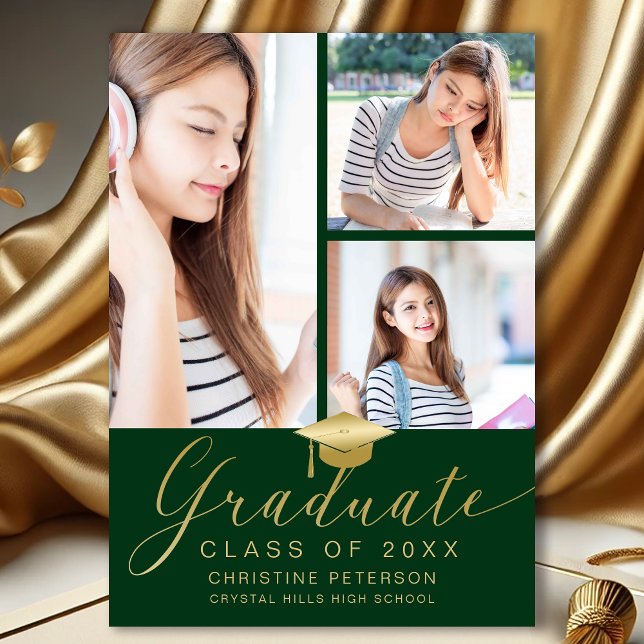 Modern Photo Collage Gold Script Green Graduation Announcement (Modern Photo Collage Green and Gold Graduation Announcement)