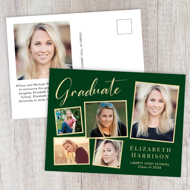 Modern Photo Collage Gold Script Green Graduation Announcement Postcard (Modern Photo Collage Gold Script Green Graduation Announcement Postcard)