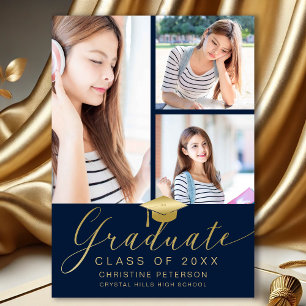 Modern Photo Collage Gold Script Navy Graduation Announcement