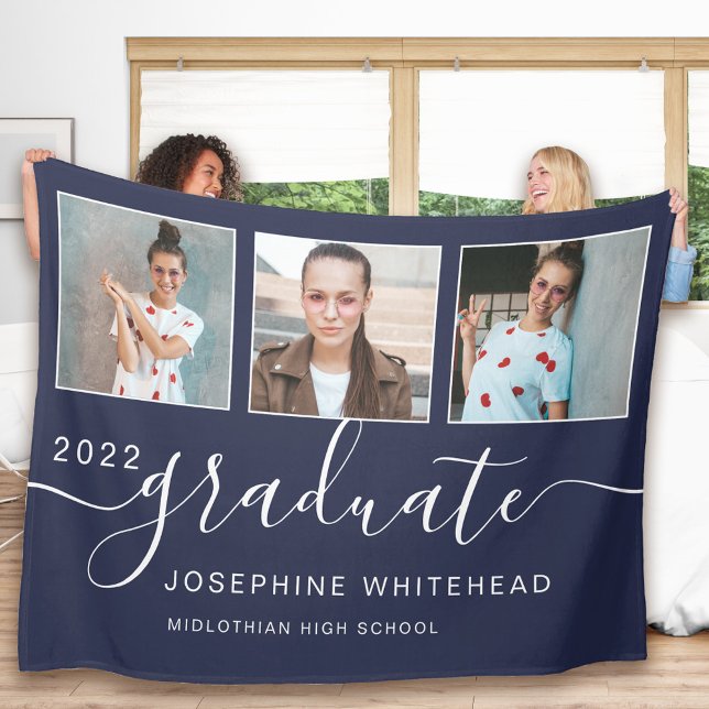 Modern Photo Collage Graduate Navy Blue Fleece Blanket (Elegant hand lettering photo collage graduation celebration blanket that you can personalize.)