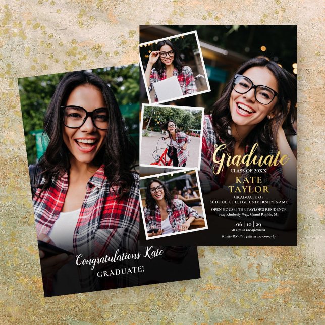 Modern Photo Collage Graduation Party Gold Foil In Invitation (Modern Photo Collage Graduation Party Gold Foil In Foil Invitation)