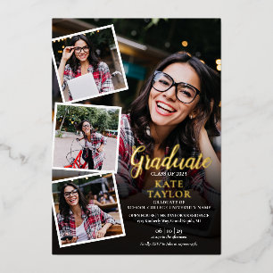 Modern Photo Collage Graduation Party Gold Foil Invitation