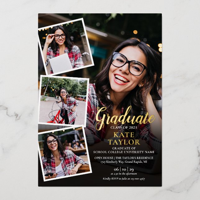 Modern Photo Collage Graduation Party Gold Foil Invitation (Front)