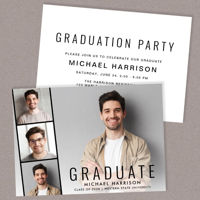 Modern Photo Collage Graduation Party Invitation (A personalized photo graduation party invitation to celebrate the graduate's achievements)