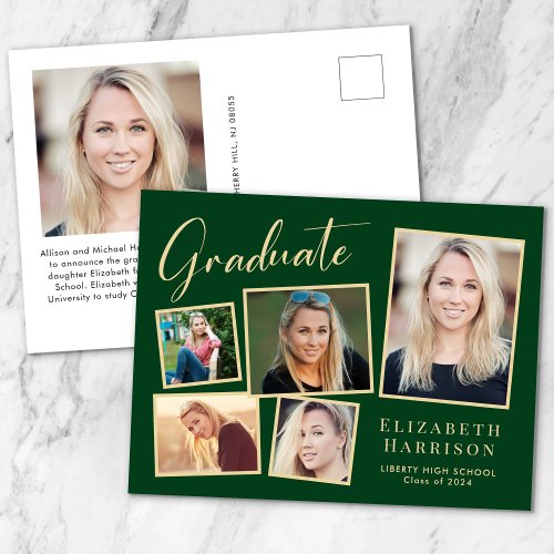 Modern Photo Collage Green Gold Graduation Announcement Postcard