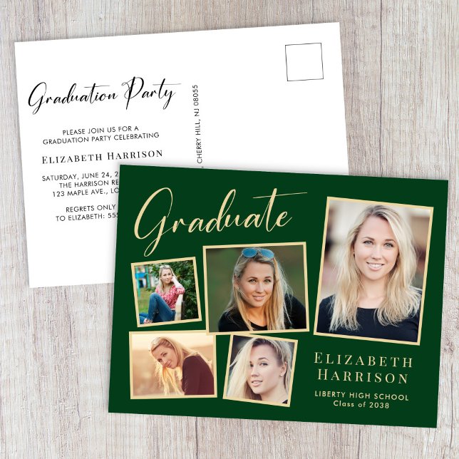 Modern Photo Collage Green Gold Graduation Party Invitation Postcard (Modern Photo Collage Green Gold Graduation Party Invitation Postcard)