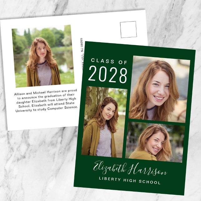 Modern Photo Collage Green Graduation Announcement Postcard (Creator Uploaded)