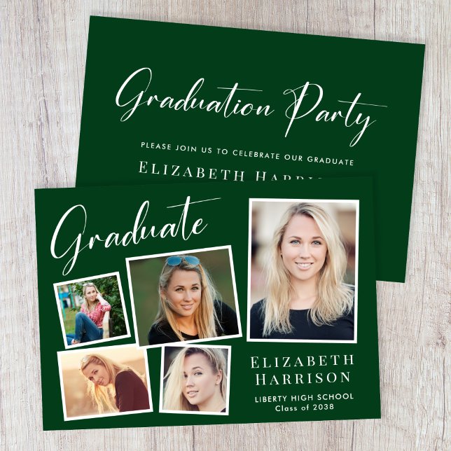 Modern Photo Collage Green Graduation Party Invitation (A modern photo collage graduation party invitation to celebrate the graduate's achievements)