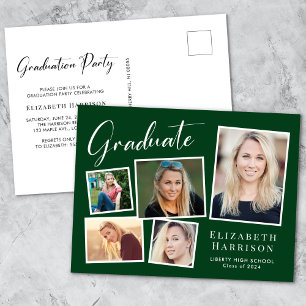 Modern Photo Collage Green Graduation Party Invitation Postcard