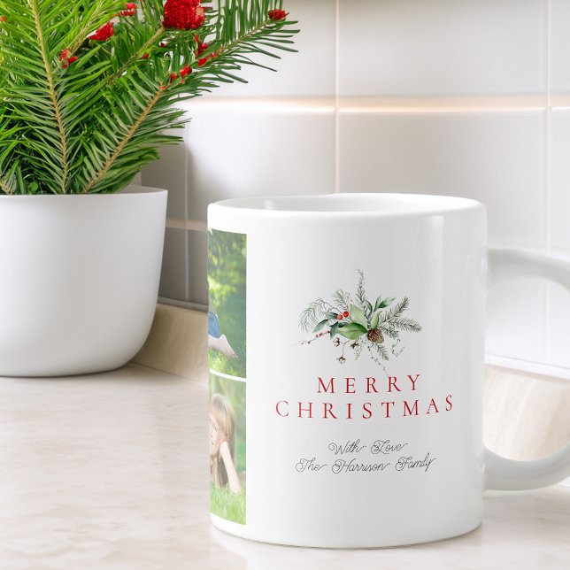 Modern Photo Collage Greenery Merry Christmas Giant Coffee Mug (Modern Photo Collage Greenery Merry Christmas Giant Coffee Mug)