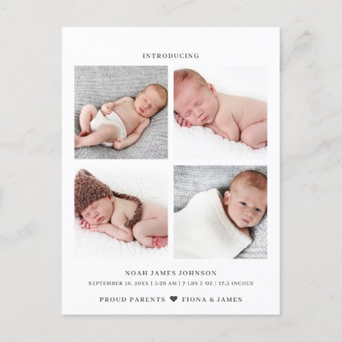 Modern Photo Collage Grid Birth Announcement Postcard