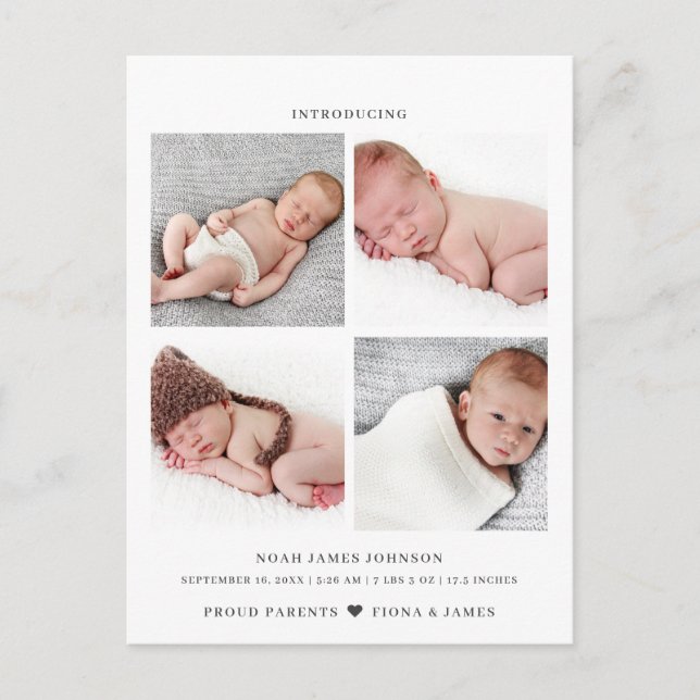 Modern Photo Collage Grid Birth Announcement Postcard (Front)