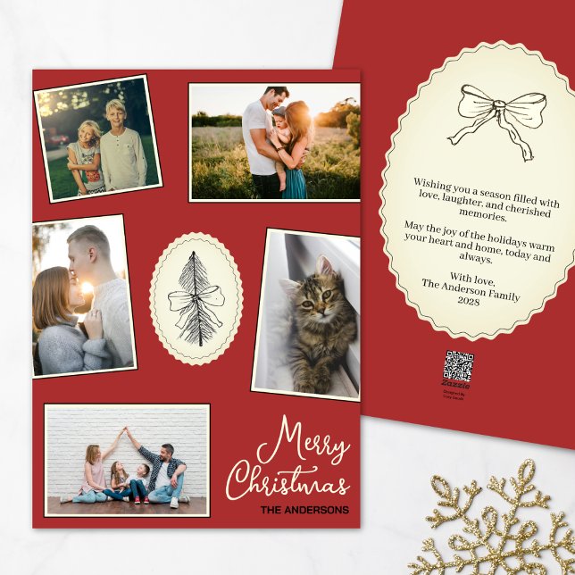 Modern Photo Collage Hand Drawn Tree Red  Holiday Card (Creator Uploaded)