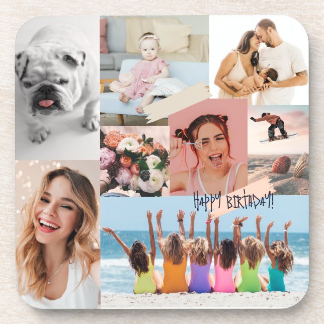 Modern photo collage Happy birthday Cute Beverage Coaster (Front)