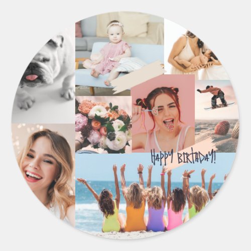 Modern photo collage Happy birthday Cute Classic Round Sticker