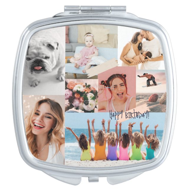 Modern photo collage Happy birthday Cute Compact Mirror (Front)