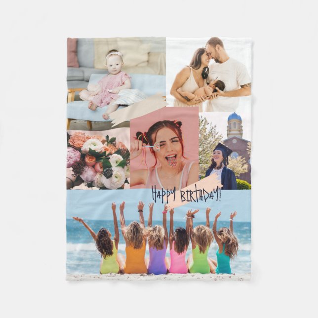 Modern photo collage Happy birthday Cute Fleece Blanket (Front)