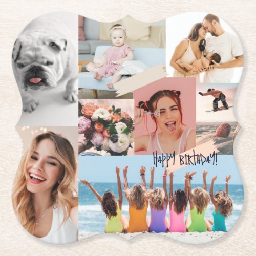 Modern photo collage Happy birthday Cute Paper Coaster