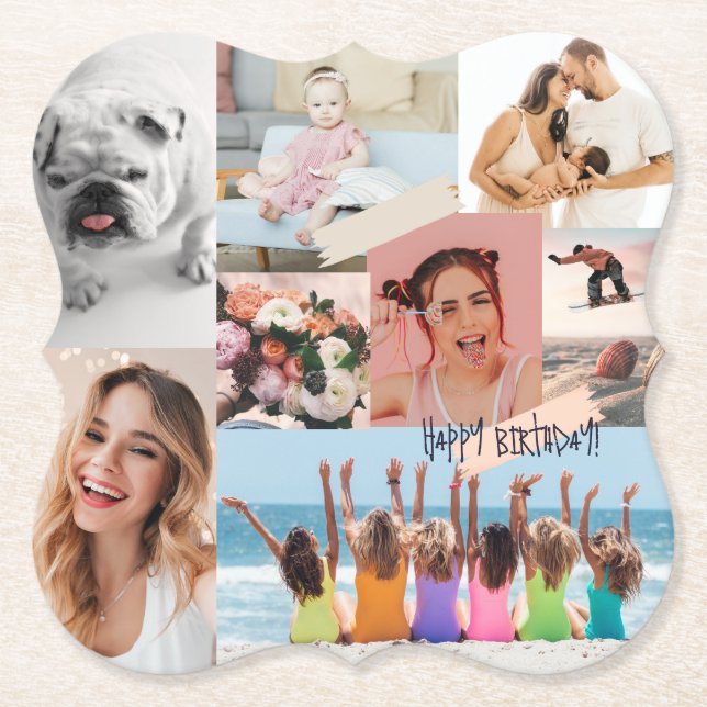 Modern photo collage Happy birthday Cute Paper Coaster (Front)