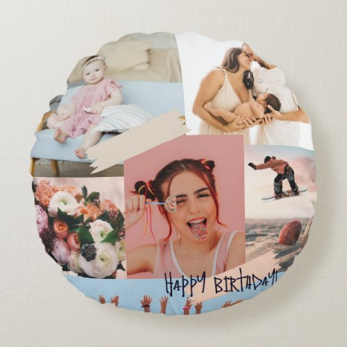 Modern photo collage Happy birthday Cute Round Pillow