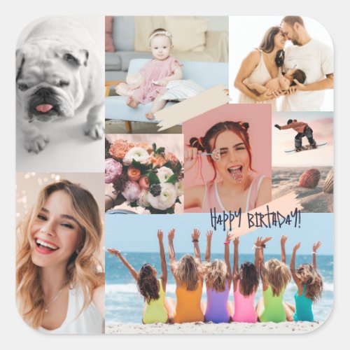 Modern photo collage Happy birthday Cute Square Sticker