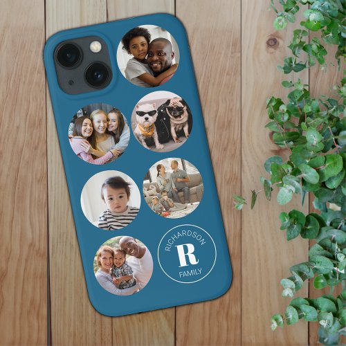 Modern Photo Collage Initial Family Blue iPhone 13 Case