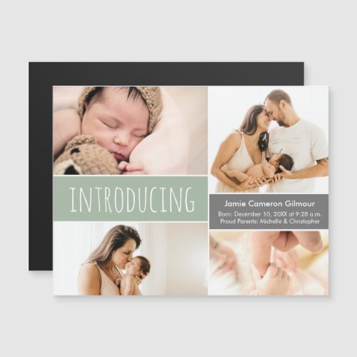 Modern Photo collage Introducing Green Baby Boy Magnetic Invitation