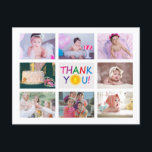 Modern Photo Collage Kids Birthday Thank You Postcard<br><div class="desc">Colorful kids thank you postcard. Design features of 8 photos collage and colorful thank you in the middle. Aadd your message and address on the back. To edit this template click customize further.</div>