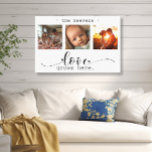 Modern Photo Collage Love Grows Here Canvas Print<br><div class="desc">This stunning canvas wall art features a beautiful three-frame photo collage showcasing cherished memories, adorned with the heartfelt message, "Love Grows Here." The elegant black and white design, combined with exquisite script and print typography, creates a sophisticated and enduring piece that will complement any interior style. Personalize it with your...</div>