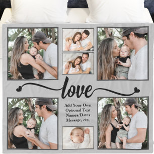Modern Photo Collage Love Heart Custom Text Color Fleece Blanket