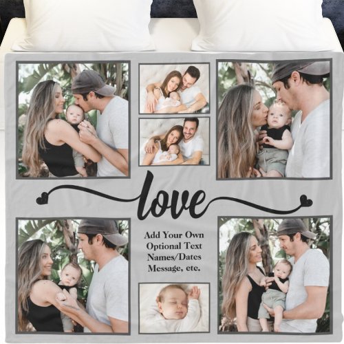 Modern Photo Collage Love Heart Custom Text Color Fleece Blanket