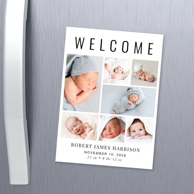 Modern Photo Collage Magnetic Birth Announcement (Creator Uploaded)
