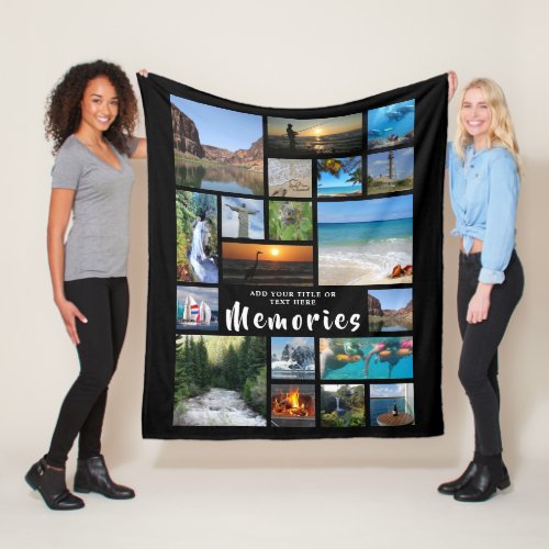 Modern Photo Collage MEMORIES Black Fleece Blanket - Easily create a modern, unique, photo collage keepsake blanket with 19 photos personalized with your own text for anyone or any special occasion. The word  MEMORIES in handwritten brush script text is also editable. PHOTO TIP:  For fastest/best results, choose a photo with the subject in the middle and/or pre-crop it to a similar shape as shown BEFORE uploading. NOTE that pixelation/blurry warnings may occur and you'll need to enlarge your original photo before uploading. Zazzle LIVE, online services or the designer may help you. CHANGES:  Change the black background color and/or change the text font style, size, color or placement by clicking on CUSTOMIZE FURTHER. Contact the designer via Zazzle Chat or makeitaboutyoustore@gmail.com if you'd like this design modified or on another product.