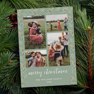 Modern Photo Collage Minimal Christmas Botanical Holiday Card