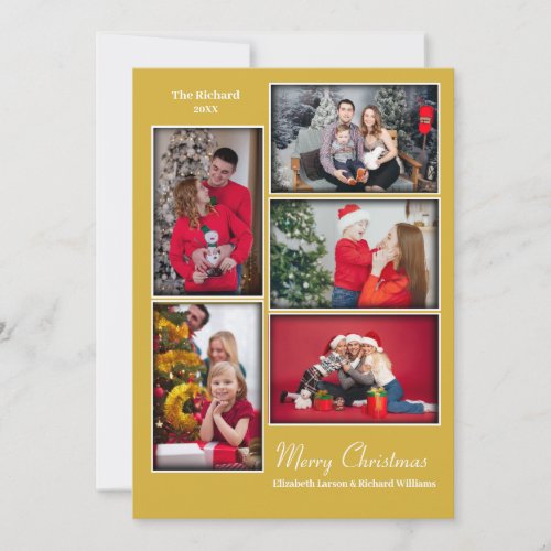 Modern Photo Collage Minimal Gold Christmas Holiday Card