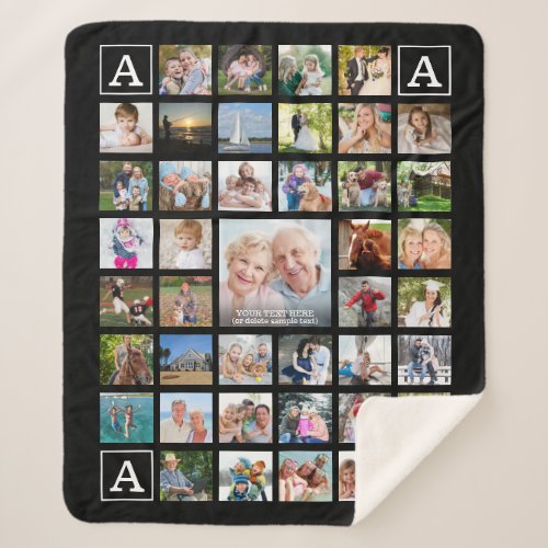 Modern Photo Collage Monogram Black Sherpa Blanket - Easily upload 40 photos to create warm memories every time you snuggle up or make as a gift for someone special. Personalized with a monogram in each corner and YOUR TITLE as an overlay on the large center photo. The black background color can be changed by clicking on the CUSTOMIZE FURTHER tab. PHOTO TIP:  For fastest/best results, choose a photo with the subject in the middle and/or pre-crop it to a square shape BEFORE uploading and it will fill the photo space perfectly. NOTE that pixelation/blurry warnings may occur and you'll need to enlarge your original photo before uploading. Zazzle LIVE, online services or the designer may help you. Contact the designer via Zazzle Chat or makeitaboutyoustore@gmail.com if you'd like this design modified, on another product or would like coordinating items.