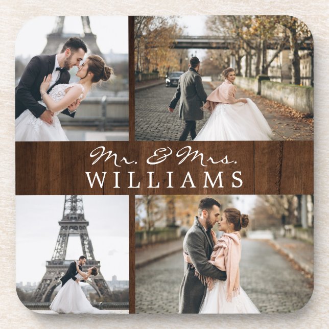 Modern Photo Collage Monogram Newlywed Rustic Wood Beverage Coaster (Front)