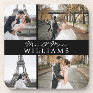 Modern Photo Collage Monogram Newlyweds Black Beverage Coaster