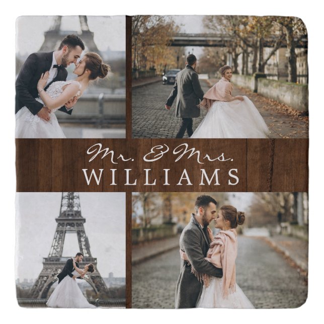 Modern Photo Collage Monogram Newlyweds Dark Wood Trivet (Front)