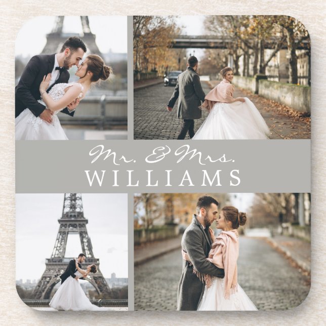 Modern Photo Collage Monogram Newlyweds Grey Beverage Coaster (Front)