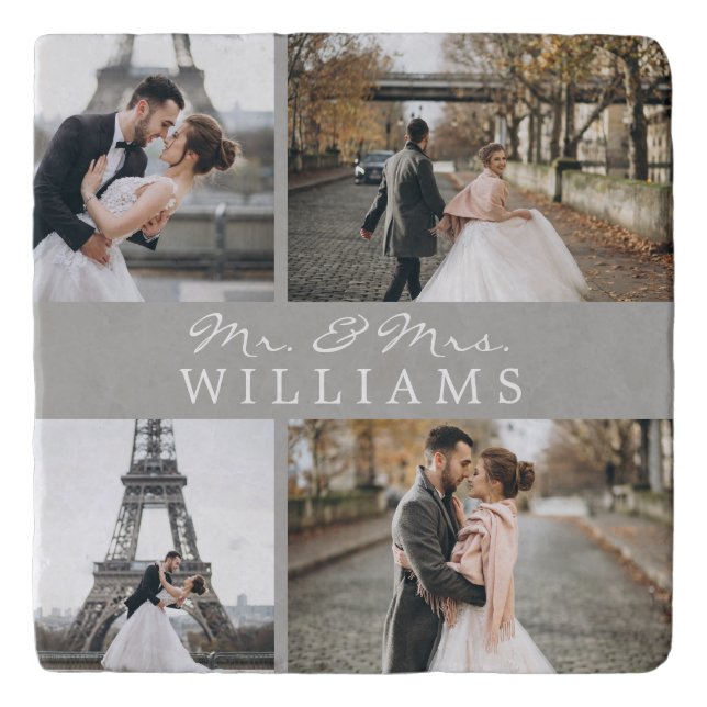 Modern Photo Collage Monogram Newlyweds Grey Trivet (Front)