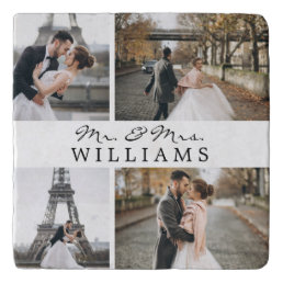 Modern Photo Collage Monogram Newlyweds White Trivet