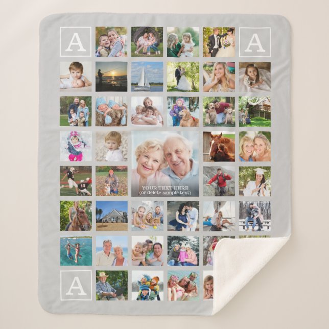 Modern Photo Collage Monogram Personalized Gray Sherpa Blanket (Front)