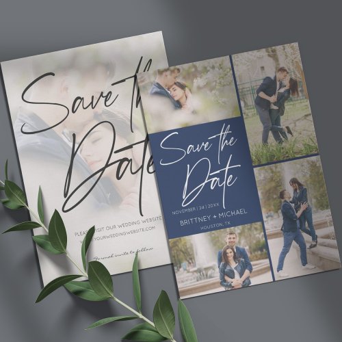 Modern Photo Collage Navy Blue Save The Date
