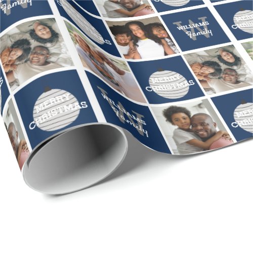 Modern Photo Collage Navy Blue Silver  Wrapping Paper