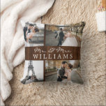 Modern Photo Collage Newlywed Monogram Dark Wood Throw Pillow<br><div class="desc">Celebrate your recent marriage with this 4 photo,  monogrammed pillow.</div>