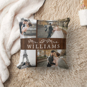 Modern Photo Collage Newlywed Monogram Dark Wood Throw Pillow