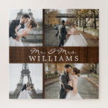 Modern Photo Collage Newlyweds Monogram Dark Wood Jigsaw Puzzle<br><div class="desc">Celebrate your recent marriage with these 4 photos,  monogrammed.</div>